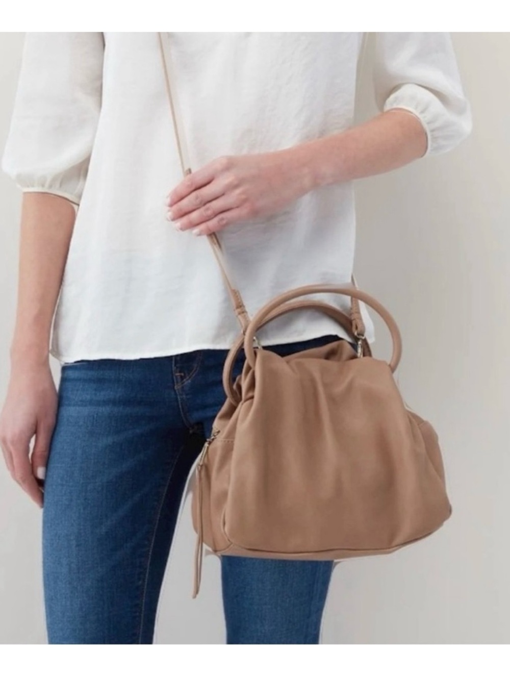 Hobo Leather Satchel Crossbody Bag in Taupe